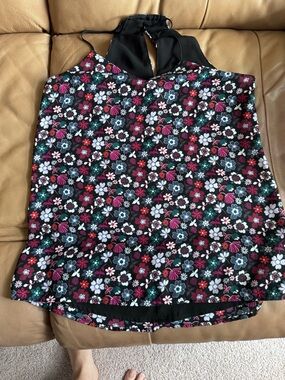 LOFT Black Floral Halter Shell with Burgundy and Teal Accents